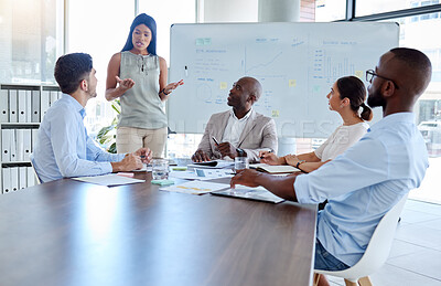 Buy stock photo Black woman, speaker and corporate presentation in the office conference room for the team. Diversity, leadership and business people planning a company project with professional leader in a meeting.