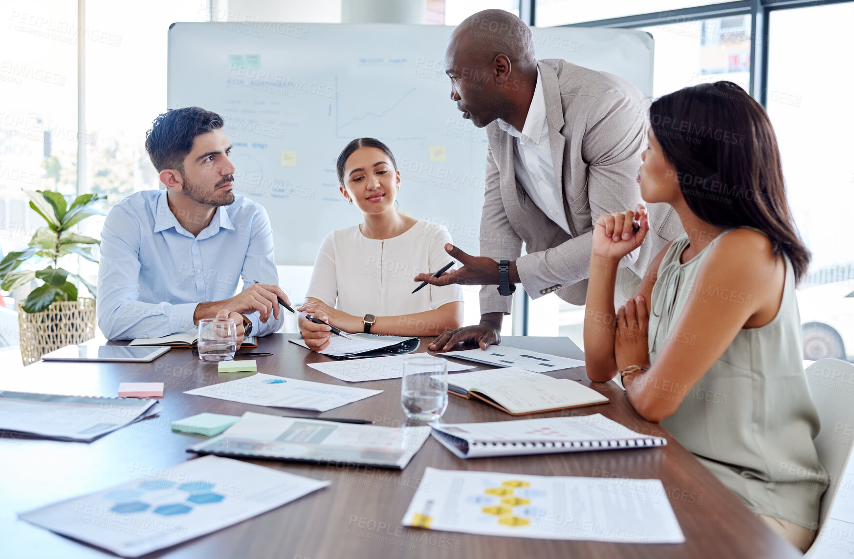 Buy stock photo Project management, leadership and planning with business people in meeting for marketing strategy, consulting and teamwork. Collaboration, growth and future with employees in office for research 