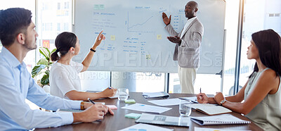 Buy stock photo Presentation, finance and training with a team in a meeting for growth, future development or report. Collaboration, strategy and data with a business man ready to answering a question in a boardroom