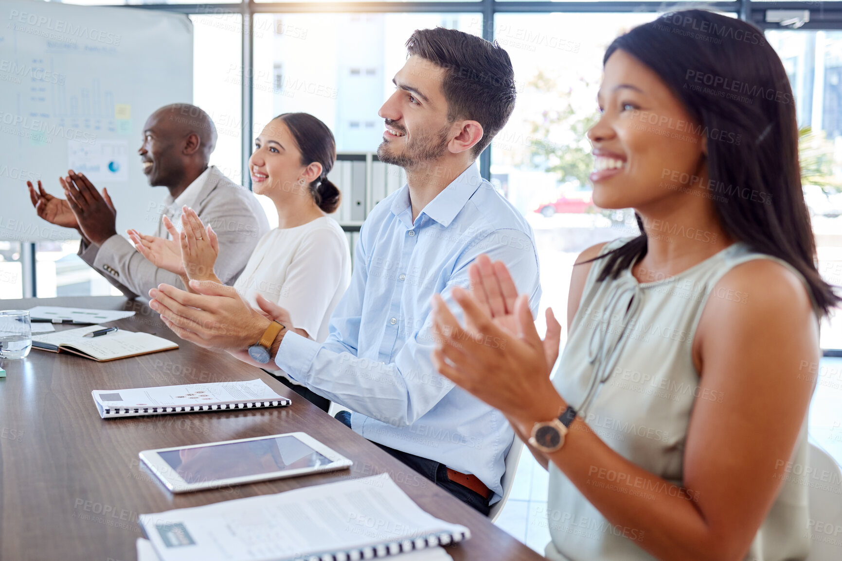 Buy stock photo Applause, success and team in meeting with celebration, support and happiness for winning. Clap hands, celebrate and business people with successful teamwork, achievement and collaboration project.