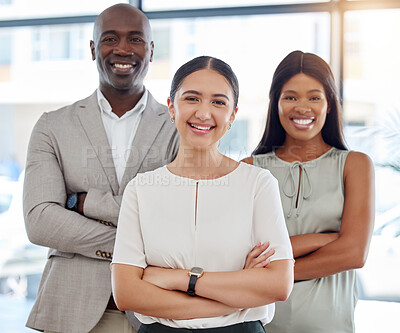 Buy stock photo Business people, office team and arms crossed, diversity or portrait of smiling successful group. Happy, startup and diverse colleagues with vision, mission or goal motivation for company success
