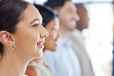 Buy stock photo Line, team and profile of happy business woman in the office standing during corporate meeting. Happiness, diversity and side face of professional employees in collaboration in company workplace