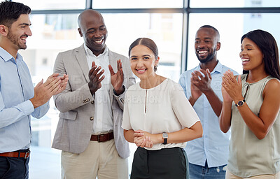 Buy stock photo Business, team appreciation celebration and office woman worker happy with teamwork and success. Portrait of employee motivation, support and working community of a corporate company crowd clapping