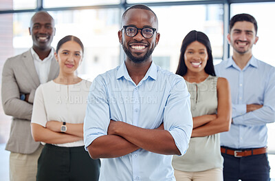 Buy stock photo Leadership, pride and business people with smile for management at a startup company together at work. Portrait of diversity, partnership and arms crossed from a manager and employees in an office