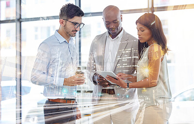 Buy stock photo Futuristic, tablet working overlay and business people with a tech screen hologram looking at digital data. Future technology, iot and cloud computing of employee group planning a ux office strategy