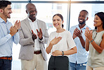 Team success, company clapping and happy woman employee smile at a office. Portrait of a person from Spain feeling support, celebration and motivation with a corporate crowd making a teamwork target