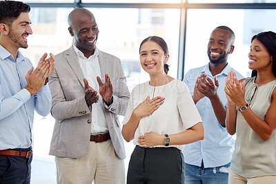 Buy stock photo Team success, company clapping and happy woman employee smile at a office. Portrait of a person from Spain feeling support, celebration and motivation with a corporate crowd making a teamwork target