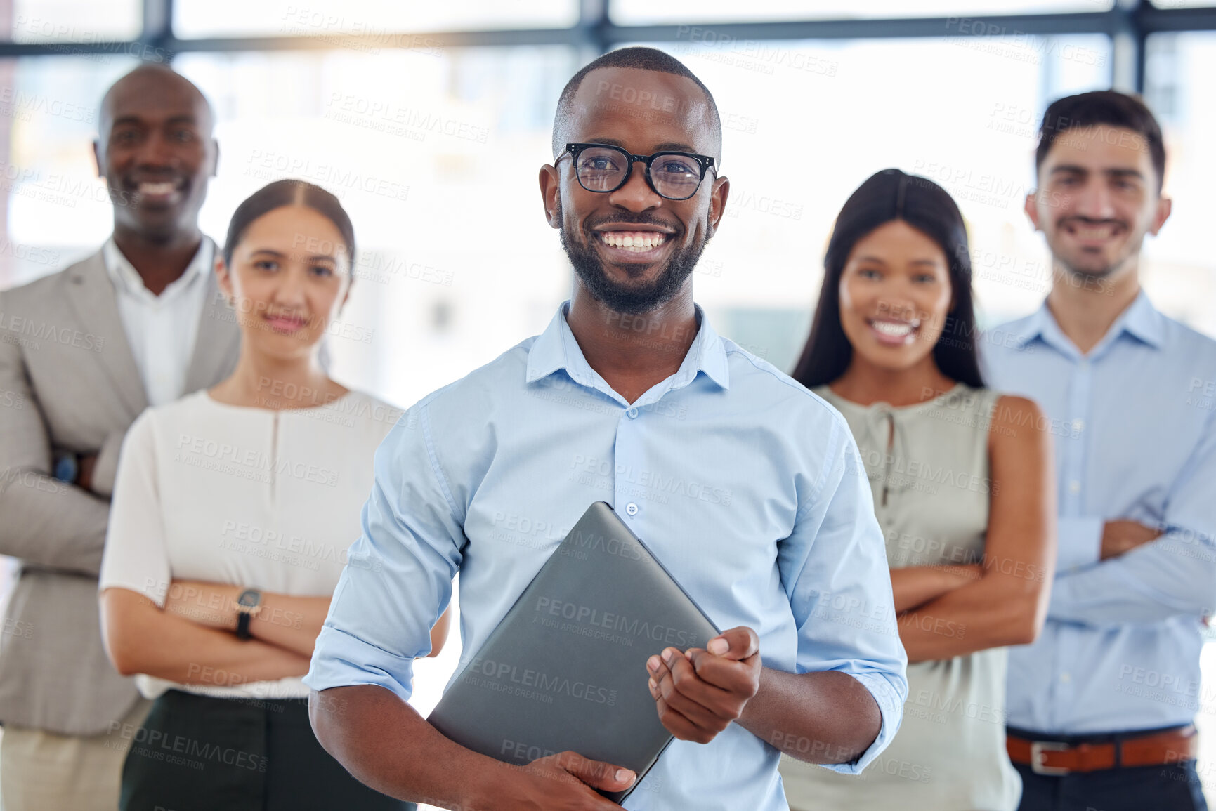 Buy stock photo Black man, arms crossed or business people leadership in diversity, about us or creative advertising startup. Portrait, smile or happy digital marketing designer or technology, motivation or teamwork