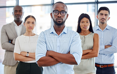Buy stock photo Diversity, serious and corporate team portrait with arms crossed in expert legal office workspace. Multicultural and professional lawyer company with assertive and smart people standing together.


