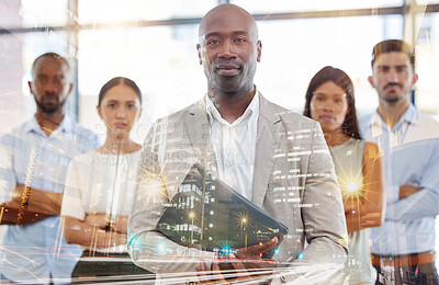 Buy stock photo Business people, team leadership and management with arms crossed for success in city double exposure. Group portrait of confident future real estate, teamwork or development at the office in overlay
