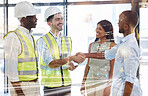 Overlay, architecture and businessman shaking hands with engineering team in a successful development project. Smile, handshake and happy construction workers in b2b partnership with a global company