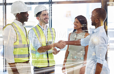 Buy stock photo Overlay, architecture and businessman shaking hands with engineering team in a successful development project. Smile, handshake and happy construction workers in b2b partnership with a global company