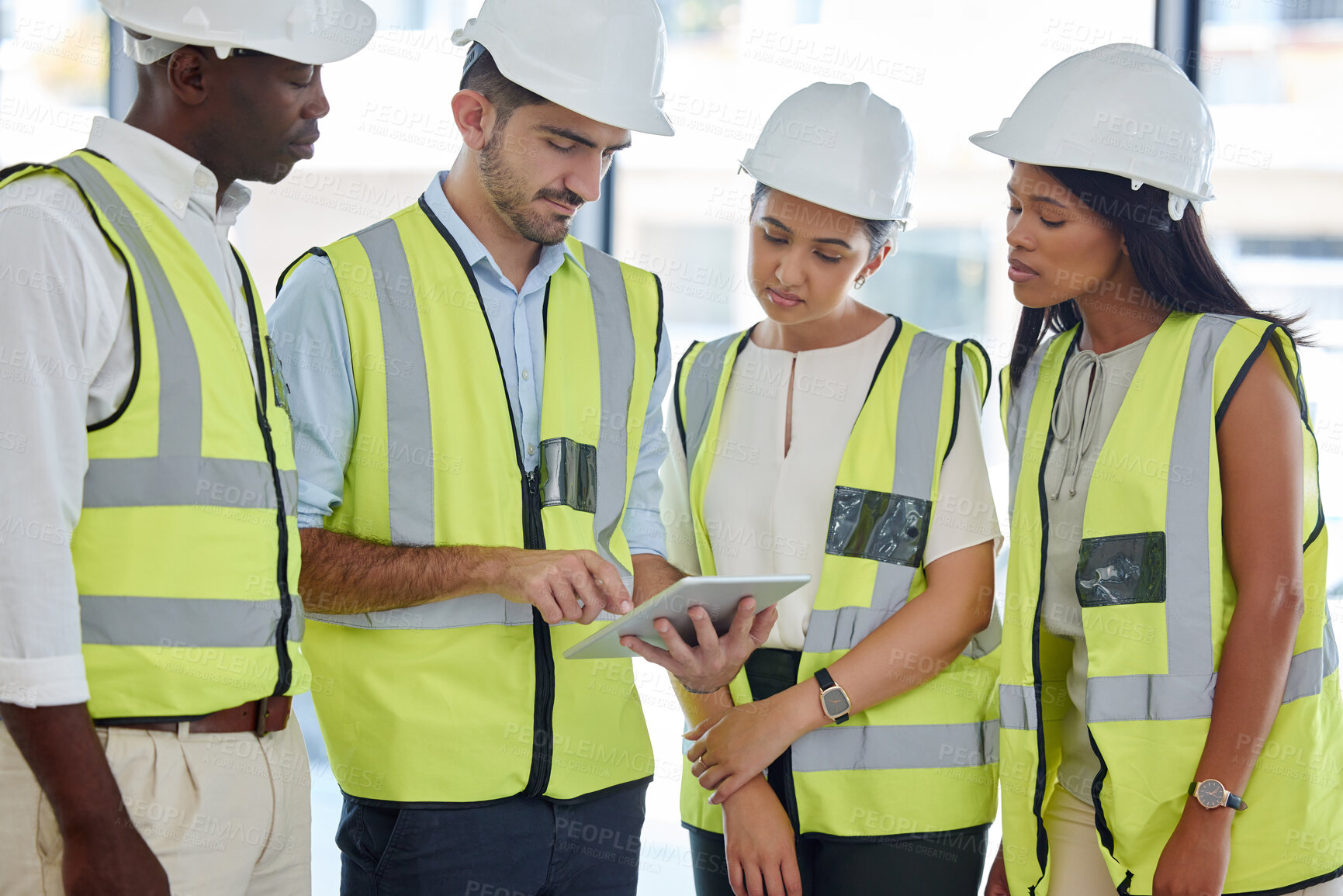 Buy stock photo Teamwork, construction and architecture tablet planning, design and check online blueprint of building. Engineering contractor, diversity group and digital collaboration and industrial web innovation