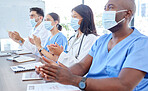 Covid face mask, clapping and medical presentation for doctors, nurses and healthcare teamwork in London hospital. Medical men, women and medicine seminar meeting for covid 19 compliance success news