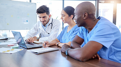 Buy stock photo Laptop, meeting and healthcare with a doctor team doing research in hospital boardroom for health or treatment. Computer, diagnosis and planning with a medical expert group discussing medicine