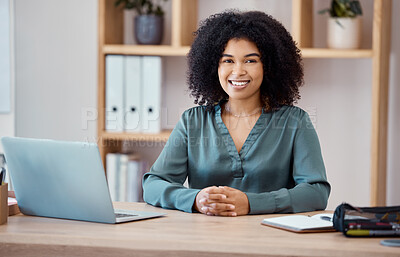 Buy stock photo Portrait of a black woman, office desk and professional business employee consultant in the workspace. Corporate finance worker, working with a laptop and notebook in modern marketing startup company