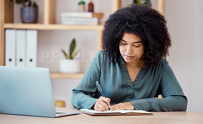 Buy stock photo Schedule, entrepreneur and business woman writing notes and report in a notebook, diary or journal. Time management, agenda and young freelancer working and planning a reminder for an appointment