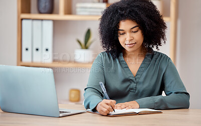 Buy stock photo Writing, notebook and laptop with a business woman at work on her schedule at her desk in the office. Computer, pen and planning with a female designer or employee working on planning in her startup