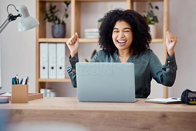 Buy stock photo Laptop, success and business woman in celebration at her desk in modern corporate office. Happy, celebrate and professional employee from Mexico with promotion, successful project or goal achievement