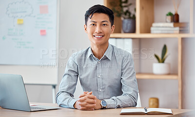 Buy stock photo Asian businessman, portrait and desk in startup agency working, consulting and planning as marketing consultant, strategy expert and data analysis researcher. Happy young Japanese employee in office