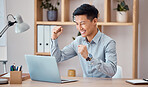 Success, celebration and businessman working on a laptop with motivation in an office at work. Happy, winning and Asian worker with smile to celebrate achievement in an email with a computer