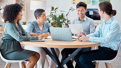 Buy stock photo Happy, business people in financial meeting with laptop and documents in office, teamwork, collaboration and planning. Growth, economy and diversity by team discuss strategy for innovation proposal