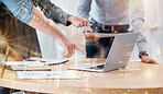 Business people, hands and laptop double exposure, planning and strategy in modern office. Closeup employees, teamwork and computer data research, future innovation and digital marketing with overlay
