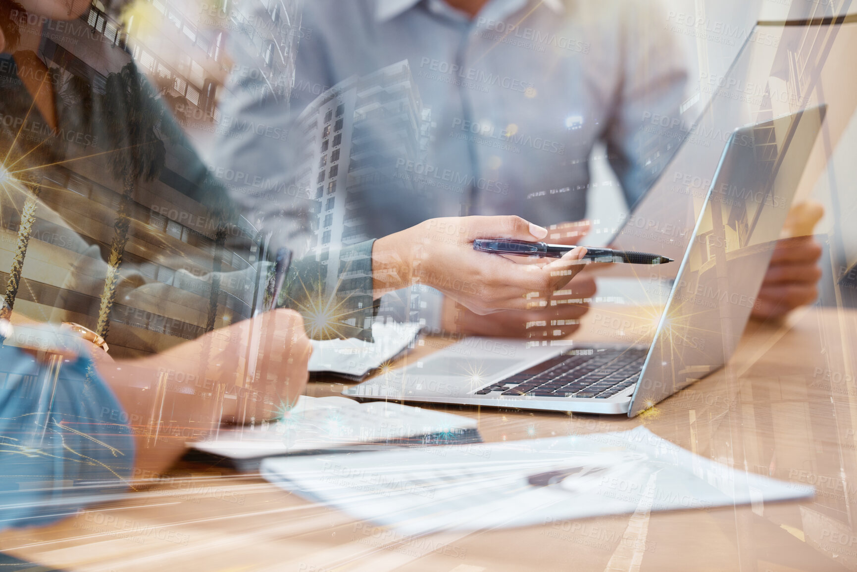 Buy stock photo Business people, hands and laptop with documents or paperwork at the office in double exposure of the city. Group of employee team in company data research or statistics on computer in urban overlay