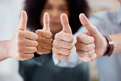 Buy stock photo Thumbs up, support and business people in collaboration for a thank you, agreement or success together at work. Hand sign of corporate workers working with motivation, community and happy with team