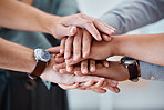 Diversity, hands and support for team trust, care and unity piling in collaboration for community. Closeup hand of people in teamwork solidarity, partnership or agreement for business success