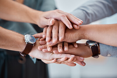 Buy stock photo Diversity, hands and support for team trust, care and unity piling in collaboration for community. Closeup hand of people in teamwork solidarity, partnership or agreement for business success