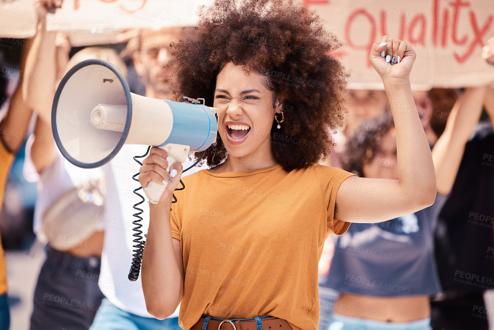 Buy stock photo Megaphone, equality or women rights protest for global change, gender equality or angry black woman fight for support. Crowd poster banner, city speech or human rights rally by social justice warrior