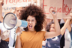 Angry, megaphone and black woman leading a protest in the city of Iran for human rights. Portrait of a frustrated girl talking with a microphone and group of people for justice and equality in a riot