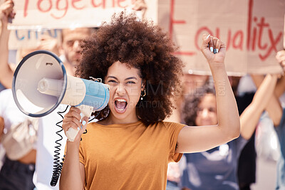 Buy stock photo Angry, megaphone and black woman leading a protest in the city of Iran for human rights. Portrait of a frustrated girl talking with a microphone and group of people for justice and equality in a riot
