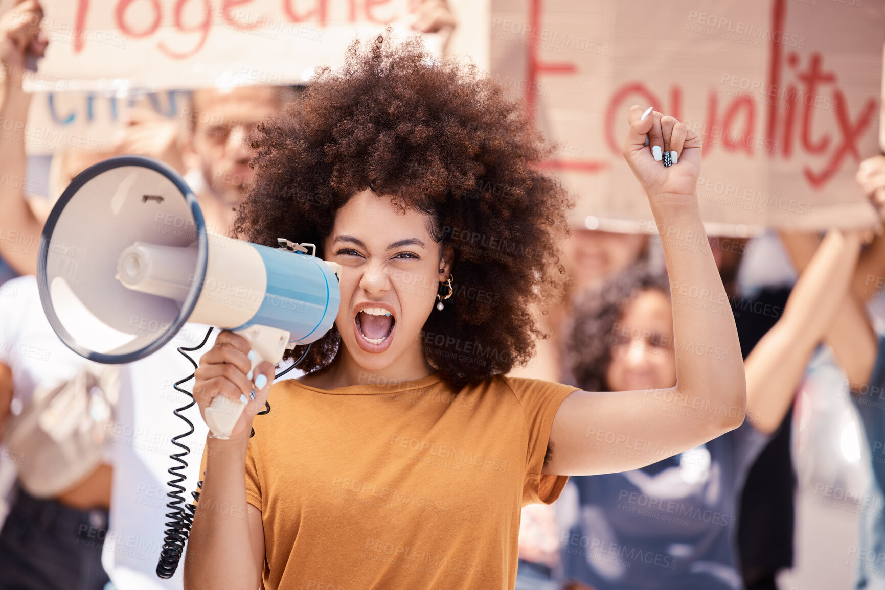 Buy stock photo Angry, megaphone and black woman leading a protest in the city of Iran for human rights. Portrait of a frustrated girl talking with a microphone and group of people for justice and equality in a riot