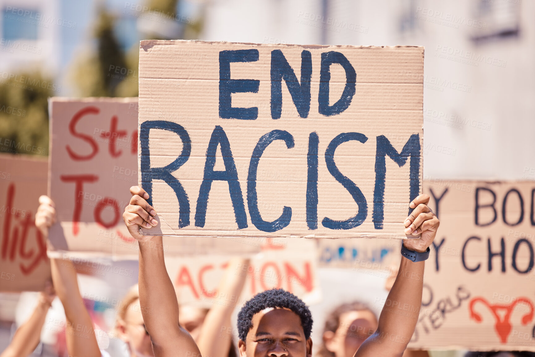 Buy stock photo Protest, racism poster and walking people for human rights, black lives matter and inequality movement on city street in USA. Angry crowd with sign for freedom, justice and change in government