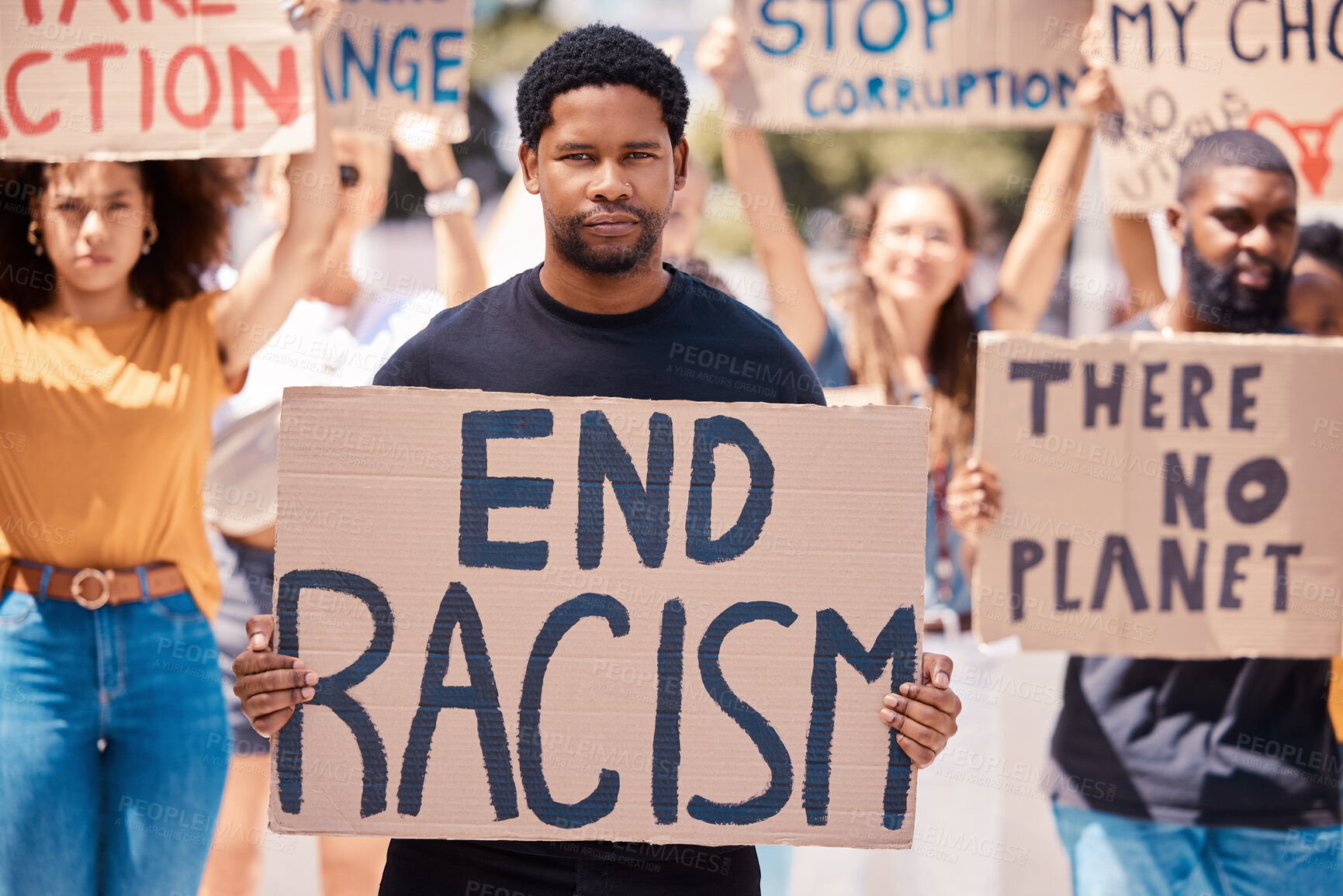 Buy stock photo Protest, poster and walking people for human rights, racism and equality in the street and city of USA. Portrait of angry and frustrated crowd with board for freedom, support and change in government