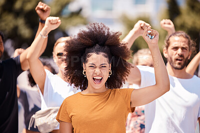 Buy stock photo Freedom, support and protest with black woman and fist with crowd in city street for global justice and human rights revolution and equality. Support, future and change with group of people in rally