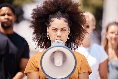 Buy stock photo Freedom, revolution and megaphone with woman in protest event for community, support and leadership in rally. Global, social justice and human rights with gen z crowd for equality, future or politics