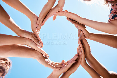 Buy stock photo Hands, circle and community support hand sign of people and friends outdoor with a blue sky. Happy, trust and hope of women and men together with diversity to show love, care and happiness 