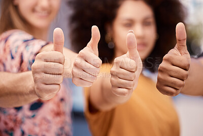 Buy stock photo Thumbs up, success and goal of people in community with solidarity, agreement and achievement. Union of social change group with approval hands together for yes, victory and teamwork cropped.

