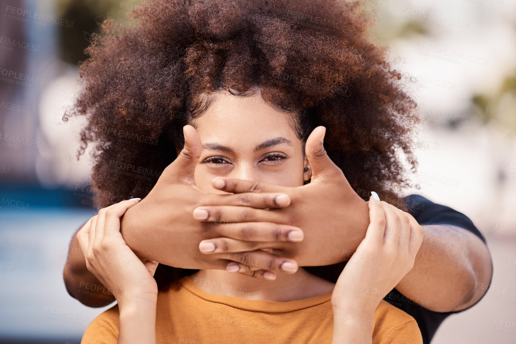 Buy stock photo Abuse, depressed and couple with violence in their marriage together in the city. Face of a black woman with anxiety, pain and problem with a man being abusive with trauma, hands for fear and stress