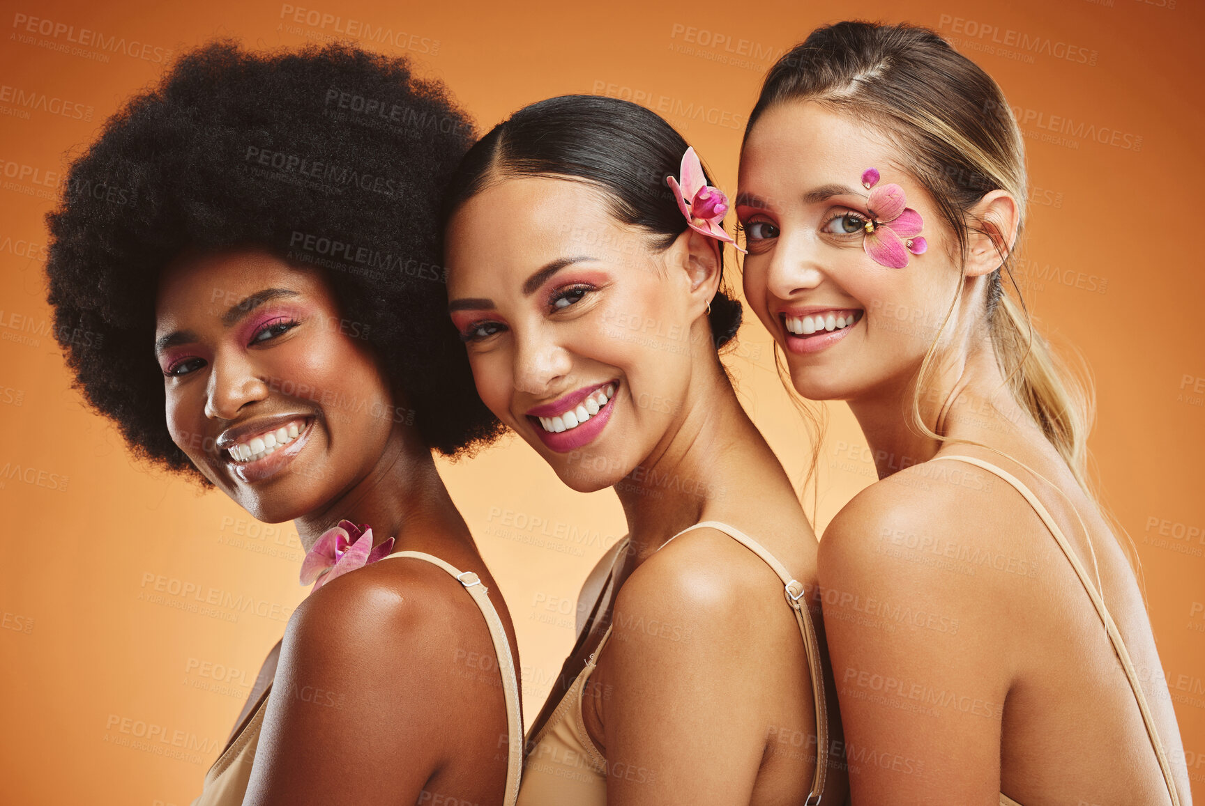 Buy stock photo Beauty, skincare and diversity with a model woman group in studio on an orange background for health or inclusion. Wellness, makeup and face with a portrait of female friends posing for empowerment