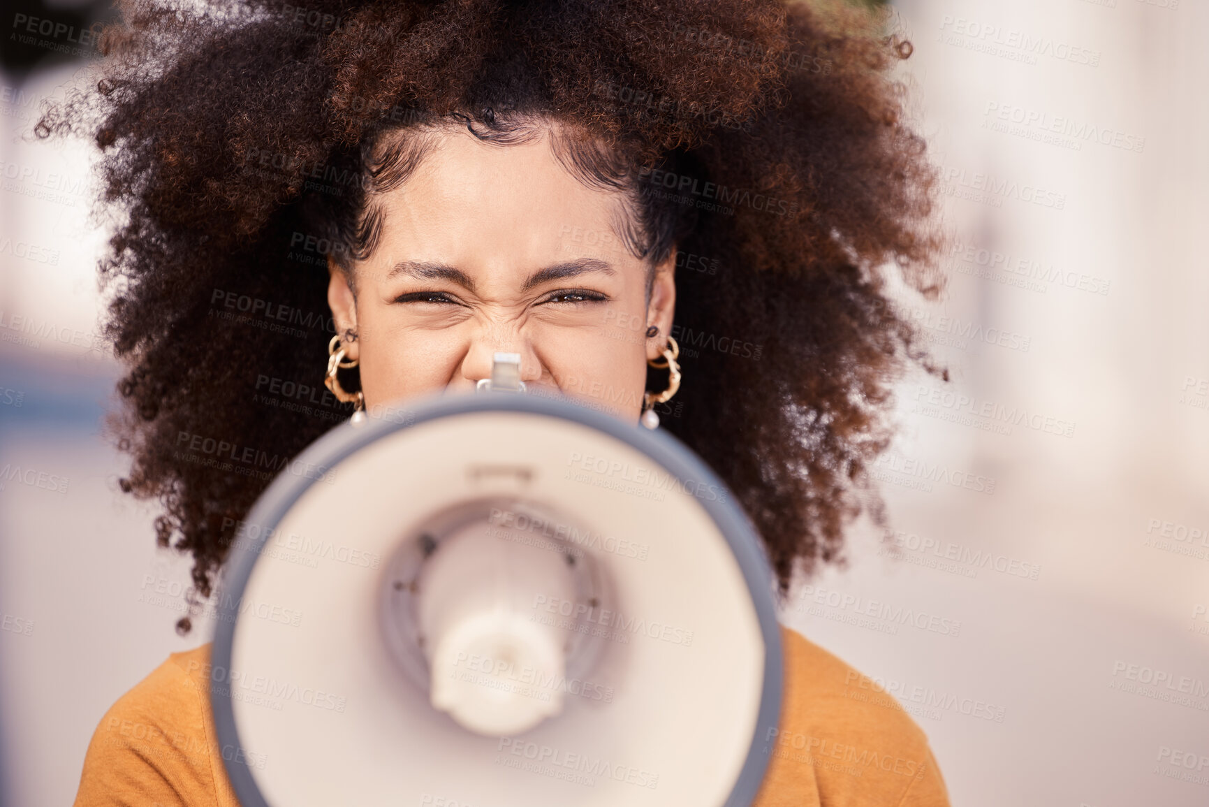 Buy stock photo Megaphone, speaker and black woman leading a street protest for change, equality and democracy. Noise, politics and unemployment crisis with frustrated female taking action, demand government help