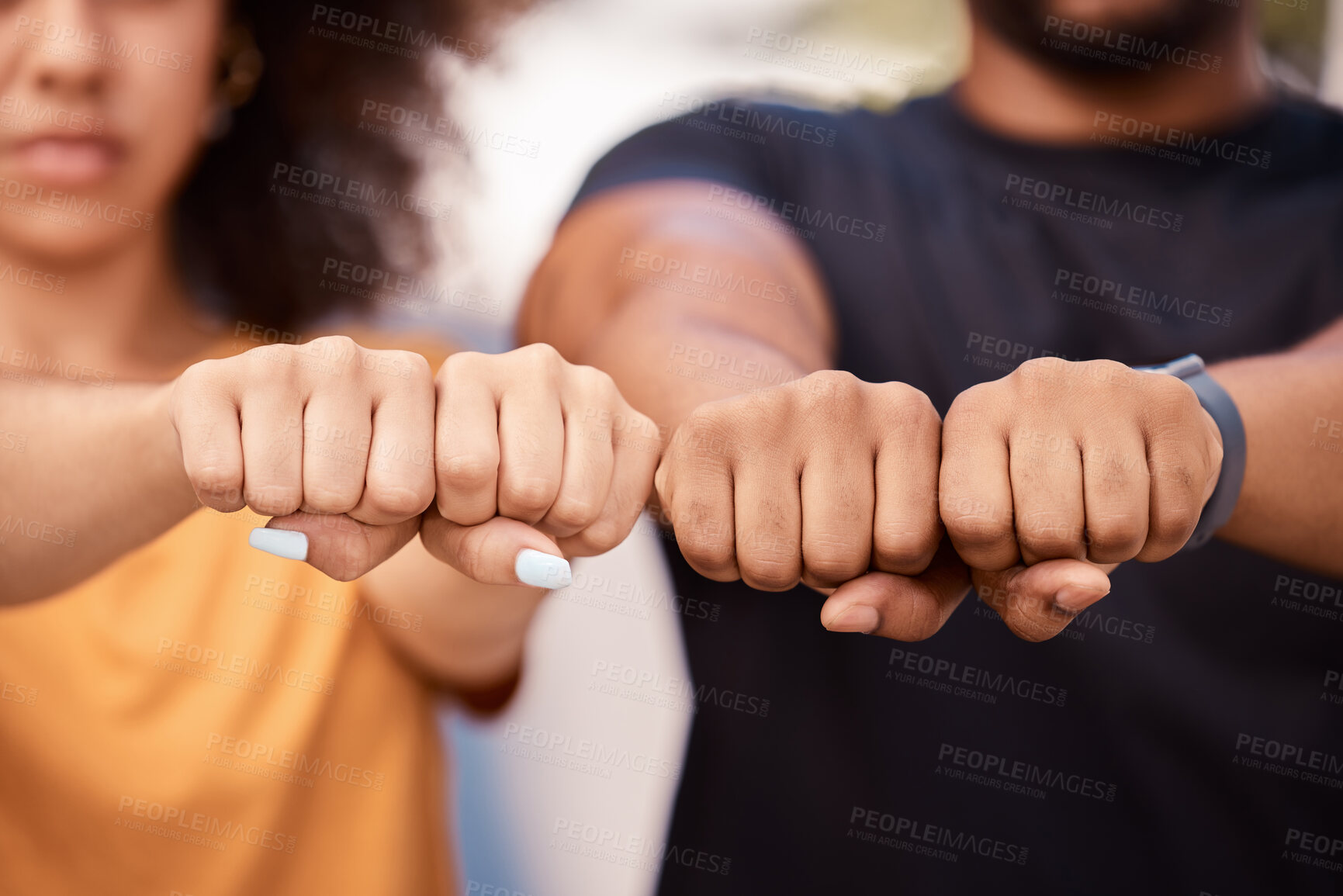 Buy stock photo Power, fist and protest against racism, solidarity and support equality for youth to stand together. Black man, African American woman and students with hands for justice, diversity and social change