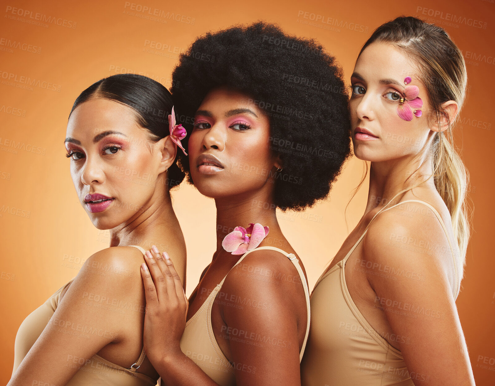 Buy stock photo Diversity, skincare and beauty with model woman friends on a brown background in studio for makeup or wellness. Portrait, empowerment and natural with a female group posing together for inclusion