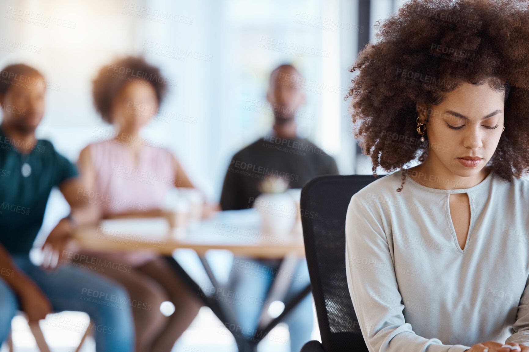 Buy stock photo Workplace bullying, anxiety and gossip of businesswoman with depression, mental health and sad victim exclusion by employees in company office. Lonely, depressed and harassment worker discrimination