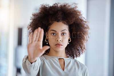 Buy stock photo Hands, hr and manager stop sign with hand in office, serious, power and change in corporate. Black woman fighting sexual harassment, discrimination and toxic work environment with employee protection