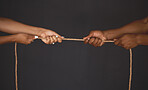 Tug of war, man and woman pulling rope in opposite direction for opposition, power and inequality in business. Competition and challenge with people hands in battle, struggle and fight for leadership