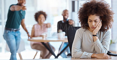 Buy stock photo Workplace, gossip and bullying business people for Human Resources, mental health or office compliance. Corporate staff whisper of black woman with management problem, hr policy and depression risk